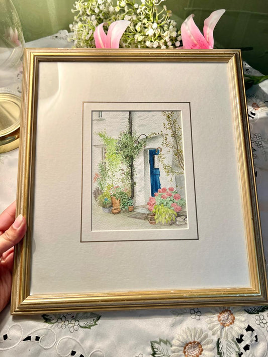 Gold Framed Floral Courtyard Artwork Painting – 13 Inches
