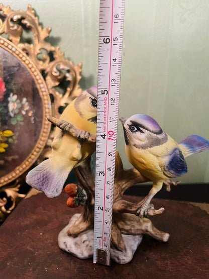 Vintage Pair of Blue Tit Bird Figurines on Branch