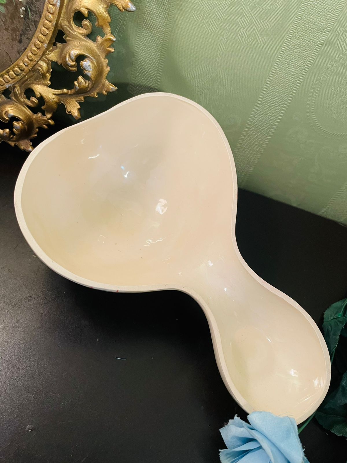 Vintage Ceramic Double Serving Dish 9 Inch Cream Red Line