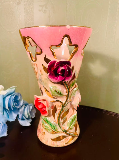 Quaregnon Belgium Hand-Painted Floral Ceramic Vase – 8 Inch