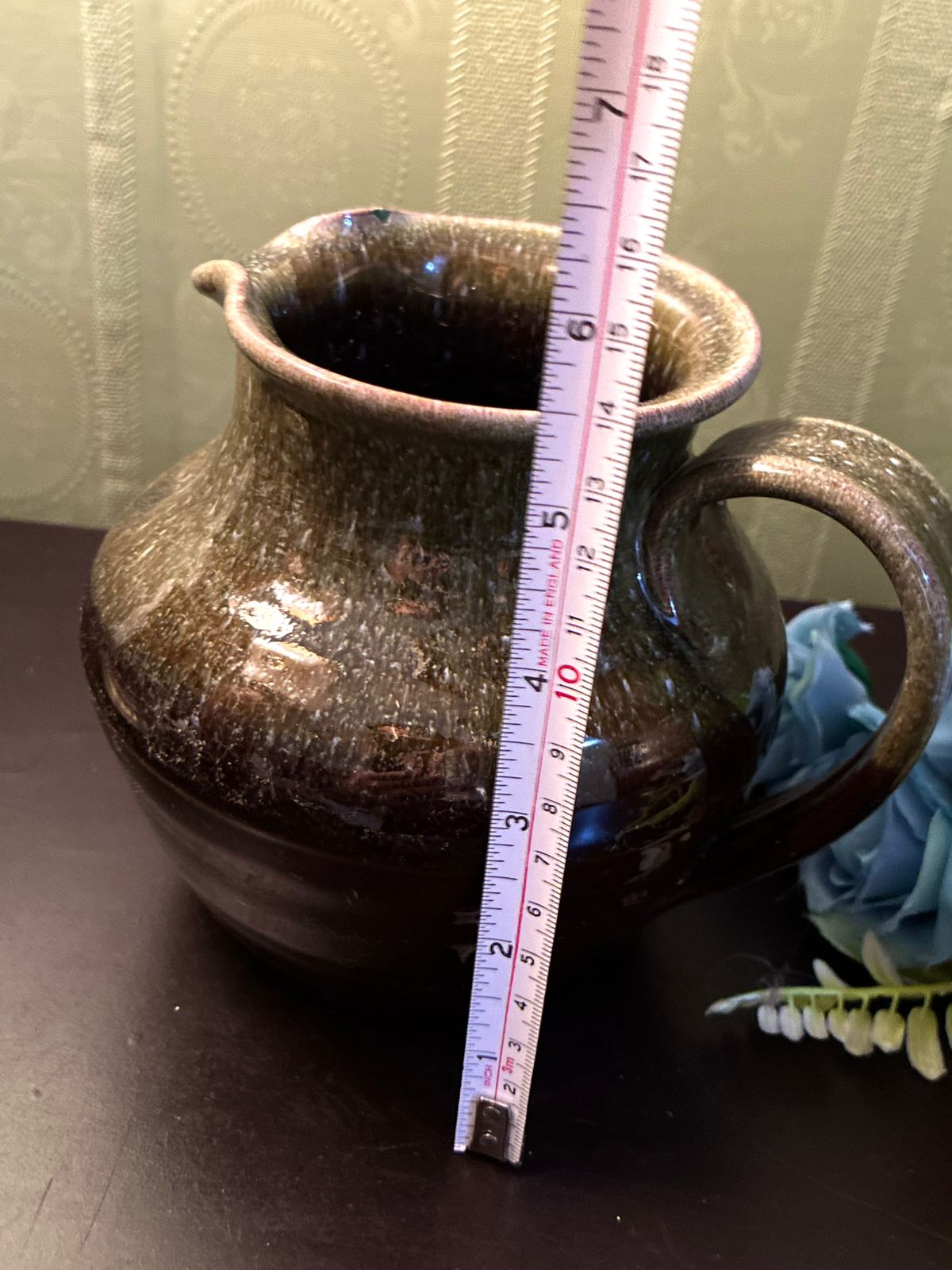 Vintage Brown and Green Pottery Jug Rustic Stoneware Pitcher