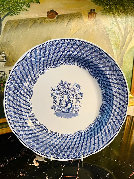 blue and white plate, floral decorative plate, English ceramic plate, geometric border dish, collectible English pottery, wall hanging decorative plate, vintage ceramic dish, blue white floral vase design plate