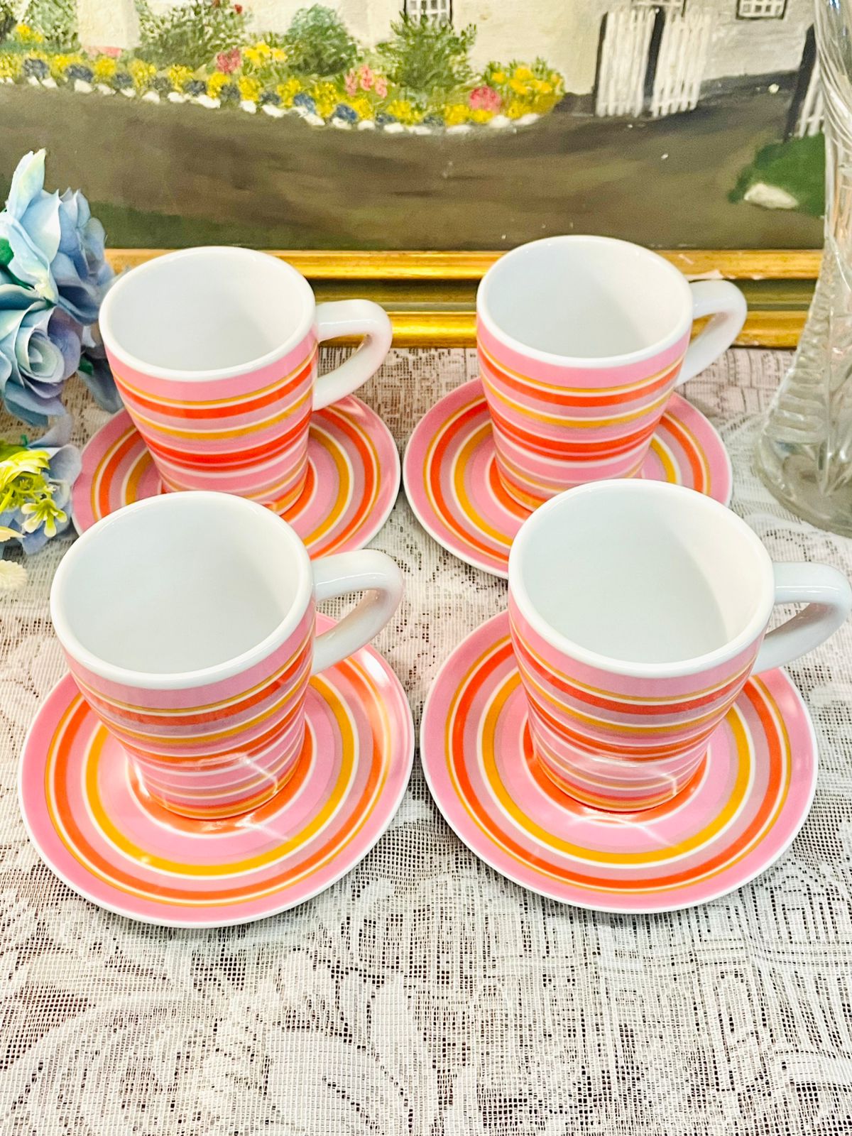 Vintage Pink Stripe Mugs & Saucers Set of 4