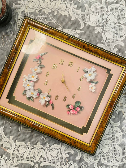 Vintage Floral Wall Clock – Framed Cottage Home Decor 13.5 inch