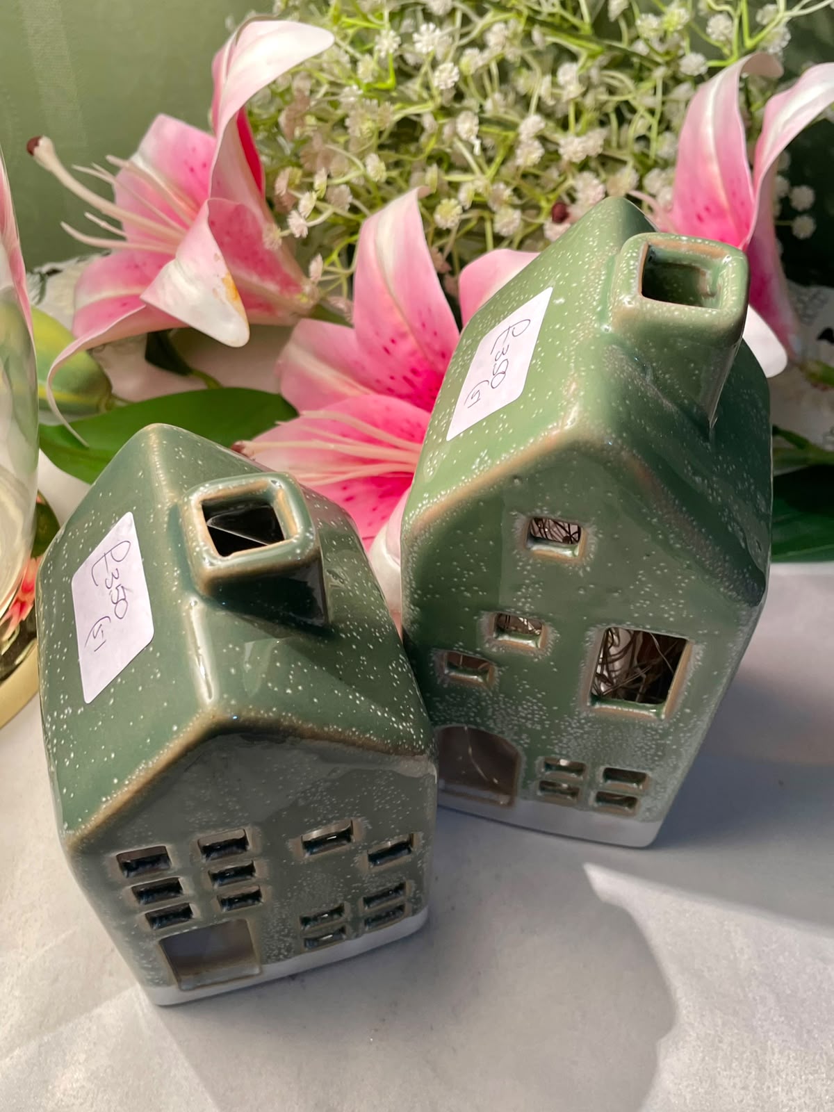 Green Ceramic House Lantern Set – 2 Pieces