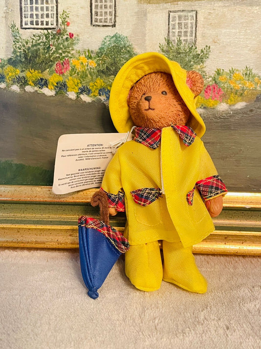 Vintage RUSS Jointed Brown Bear Toy with Yellow Raincoat – Collectible Figurine