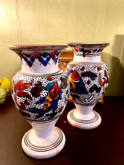 Set of 2 Hand-Painted Ceramic Bird Vases 10 Inch – Artisan Pottery