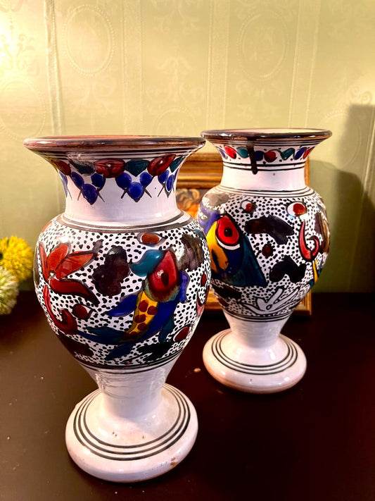 Set of 2 Hand-Painted Ceramic Bird Vases 10 Inch – Artisan Pottery