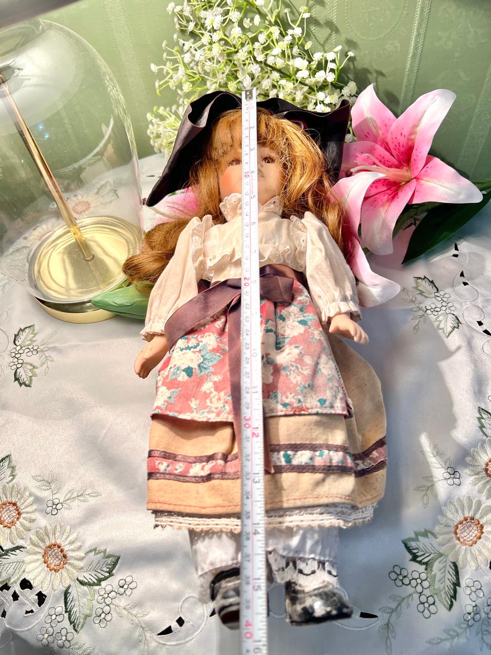 Vintage Porcelain-Style Collectible Doll in Floral Dress 42 cm
