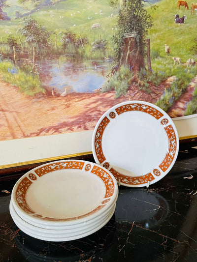 Maddock Florentine plates, Empire Crockery Montreal Maddock, vintage orange border plates England, collectible English crockery, heritage Staffordshire dinnerware, rare thrift finds Pakistan, ornate vintage English plates, Florentine vintage collection England, side plates vintage crockery, English vitrified ceramic plates, European antique dishes Pakistan