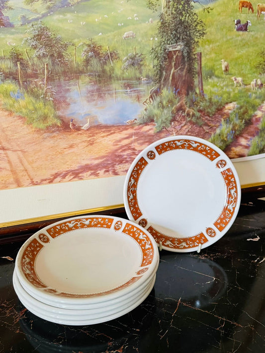 Maddock Florentine plates, Empire Crockery Montreal Maddock, vintage orange border plates England, collectible English crockery, heritage Staffordshire dinnerware, rare thrift finds Pakistan, ornate vintage English plates, Florentine vintage collection England, side plates vintage crockery, English vitrified ceramic plates, European antique dishes Pakistan