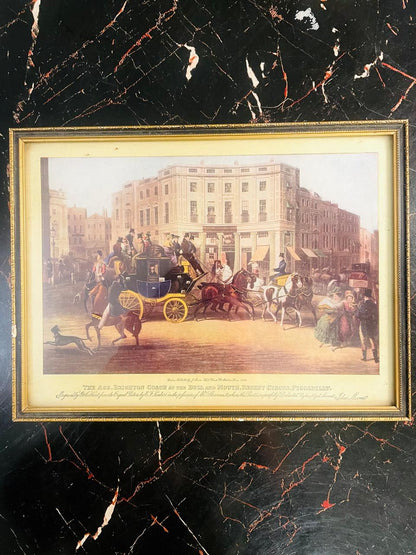 Vintage Stagecoach Painting Framed Victorian Street Scene Art