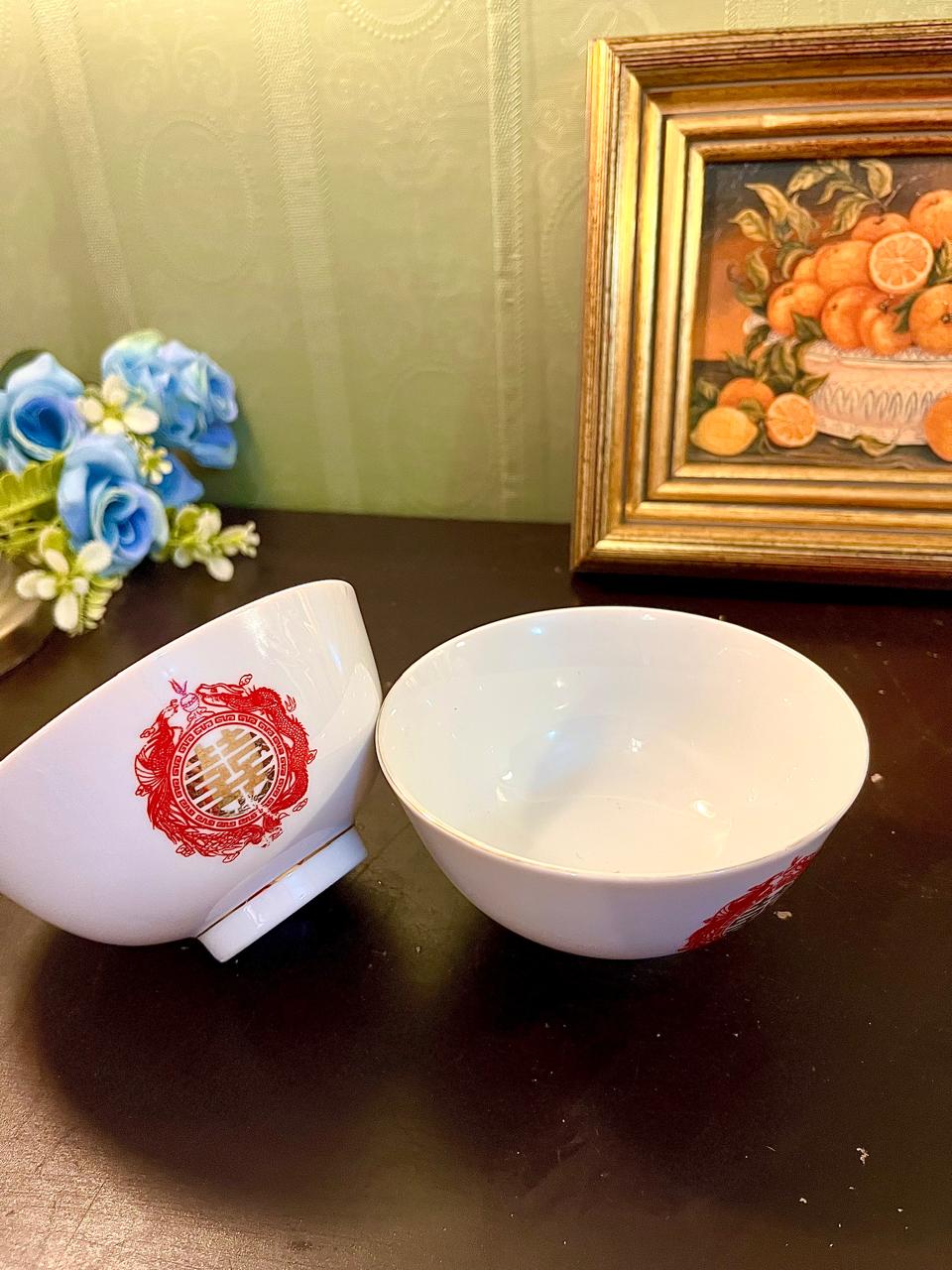 Vintage Chinese Rice Bowl Pair 12 cm Red Floral Mark
