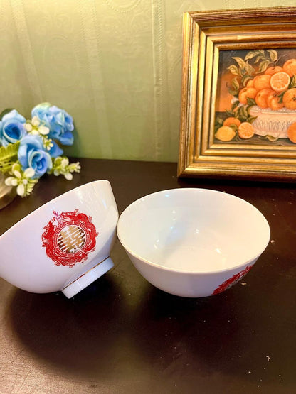 Vintage Chinese Rice Bowl Pair 12 cm Red Floral Mark