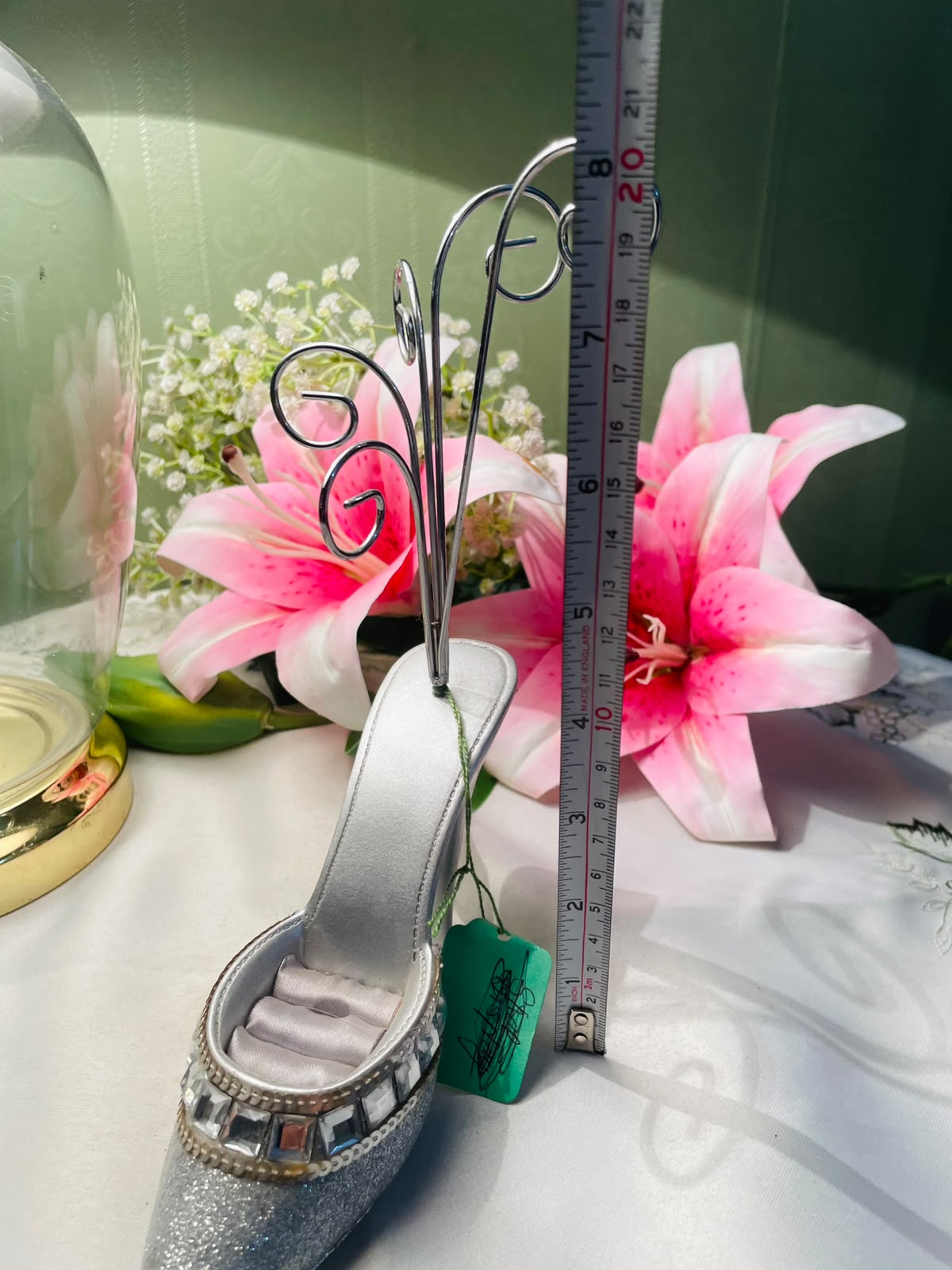 Silver Glitter High Heel Jewellery Holder with Scroll Stand Approx. 20 cm