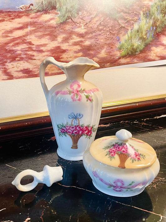 vintage Ceramic Jug with Stopper & Matching Lidded Sugar Pot – Floral Basket Design (Set of 2)