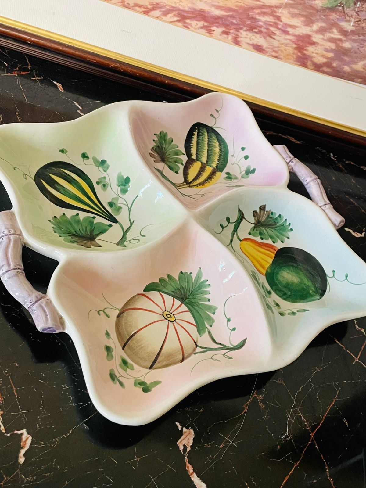 Vintage Hand-Painted Italian Extra Large Ceramic Serving Tray – 4-Sided Floral Dish, Made in Italy