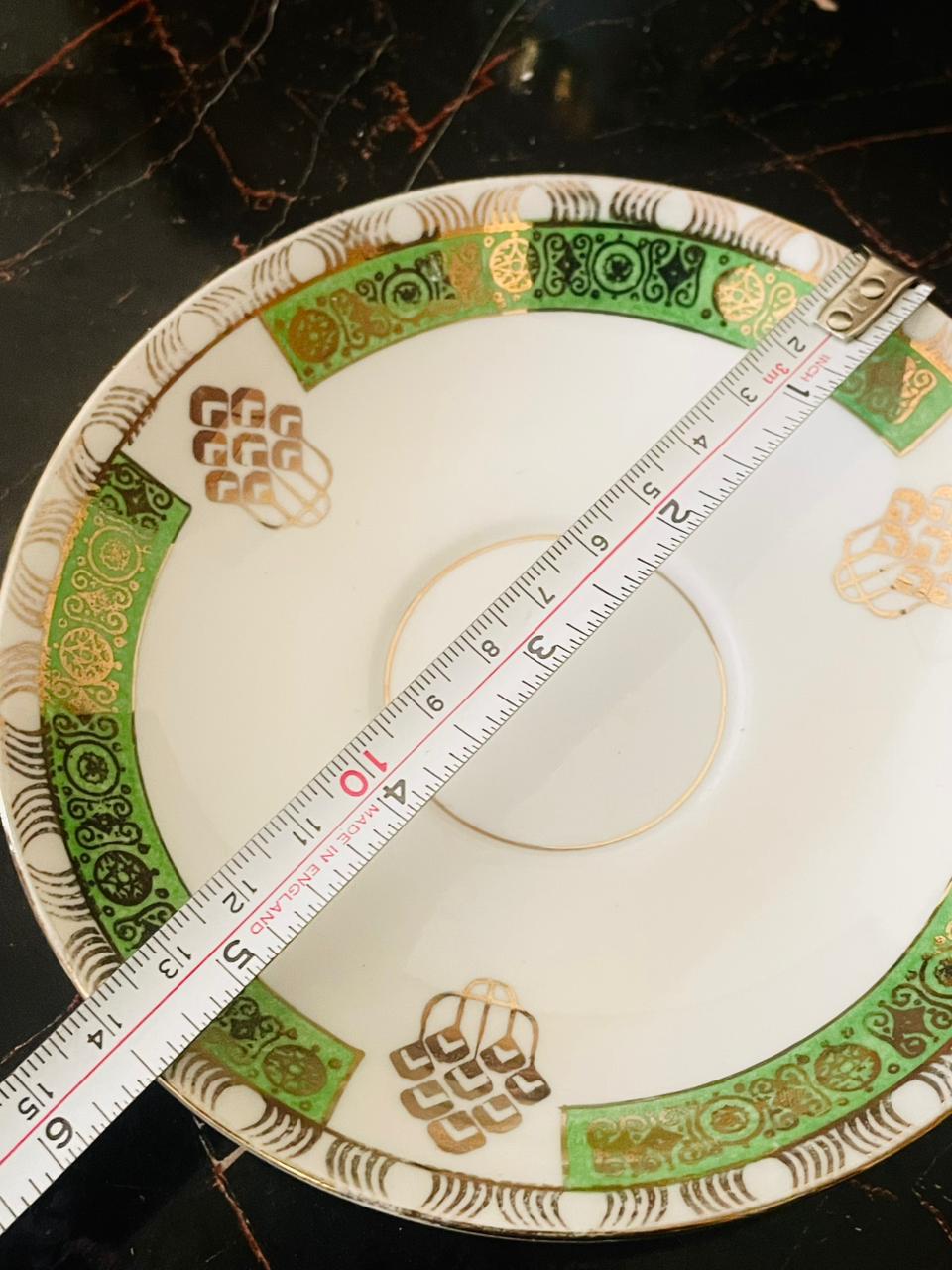 Vintage St. Michael Fine China Teacup & Saucer Set – Green & Gold Art Deco Pattern (England)