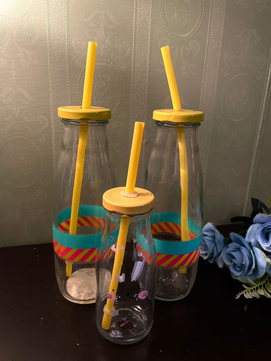 Set of 3 Glass Drinking Bottles with Straws – Reusable Milk Bottle Tumblers