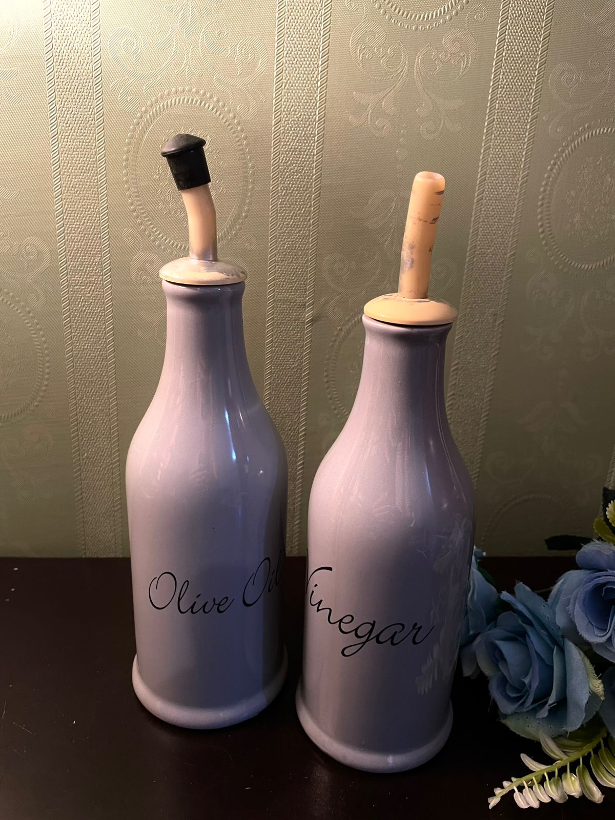 Vintage Ceramic Olive Oil and Vinegar Bottle Set 9 Inch
