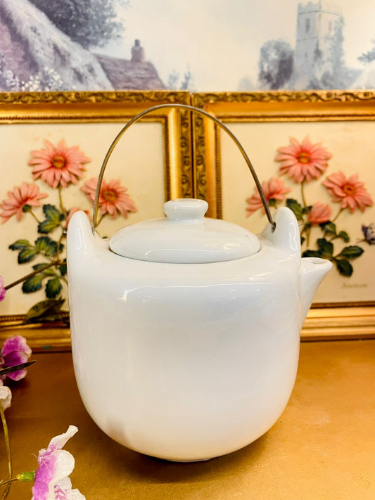 White Ceramic Teapot with Metal Handle