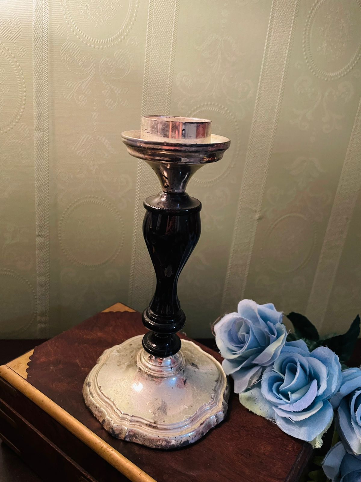 Vintage Silver Plate & Black Stem Candlestick Holder 7.5 Inch