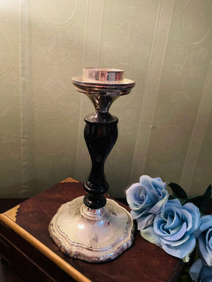 Vintage Silver Plate & Black Stem Candlestick Holder 7.5 Inch