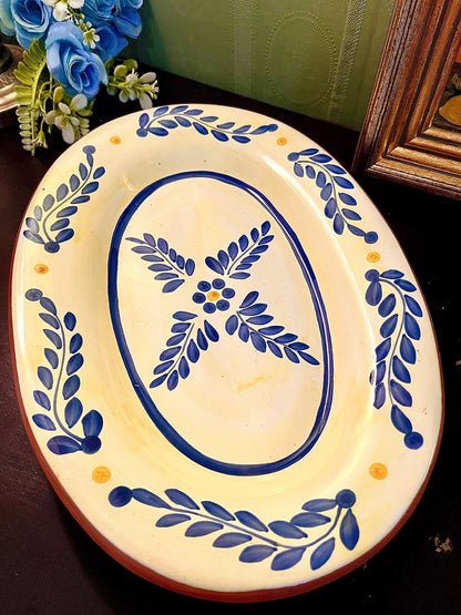 Large Oval Ceramic Serving Platter – Blue Leaf Design