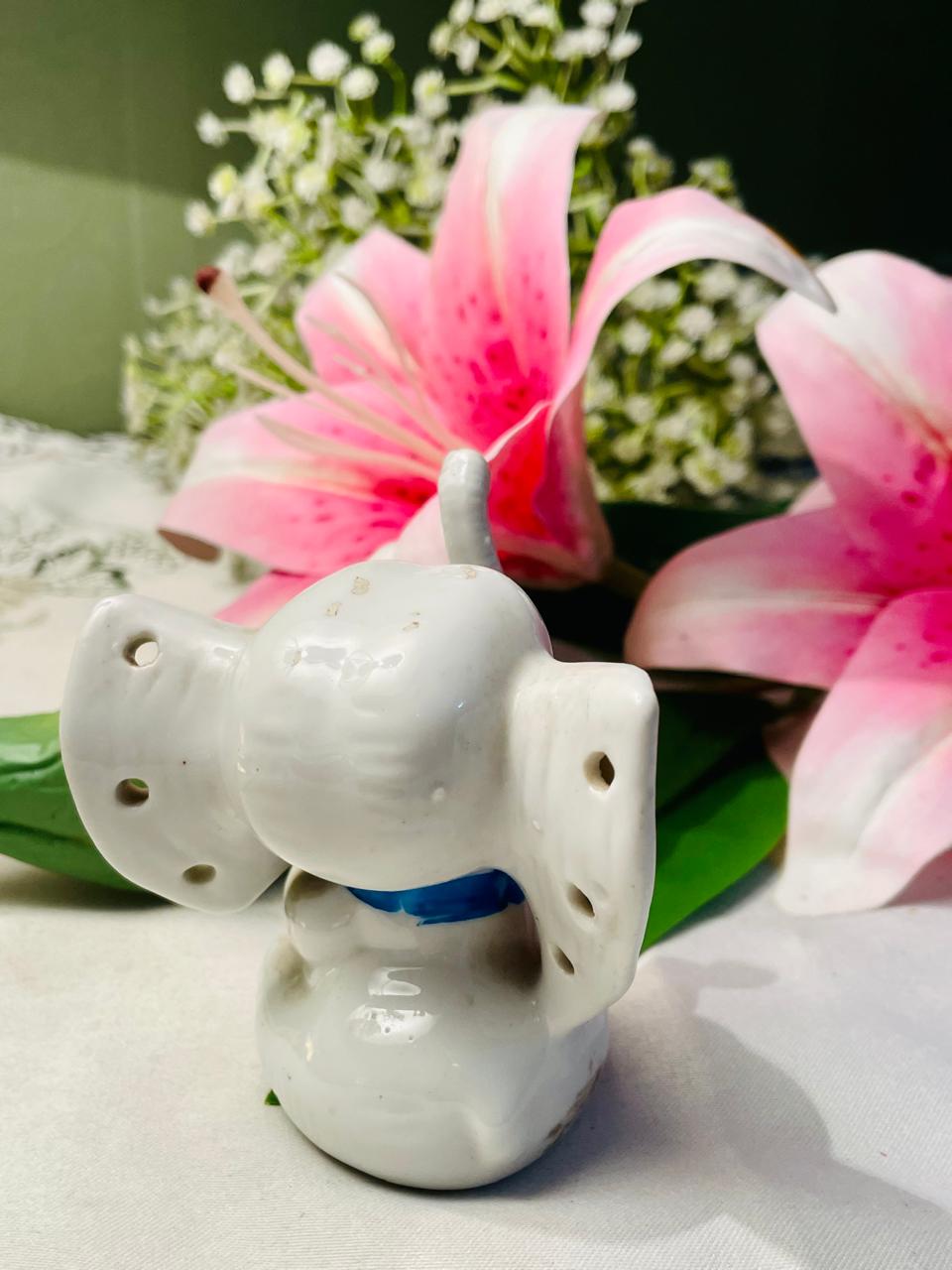 Vintage White Ceramic Elephant Figurine with Pierced Ears 8 cm