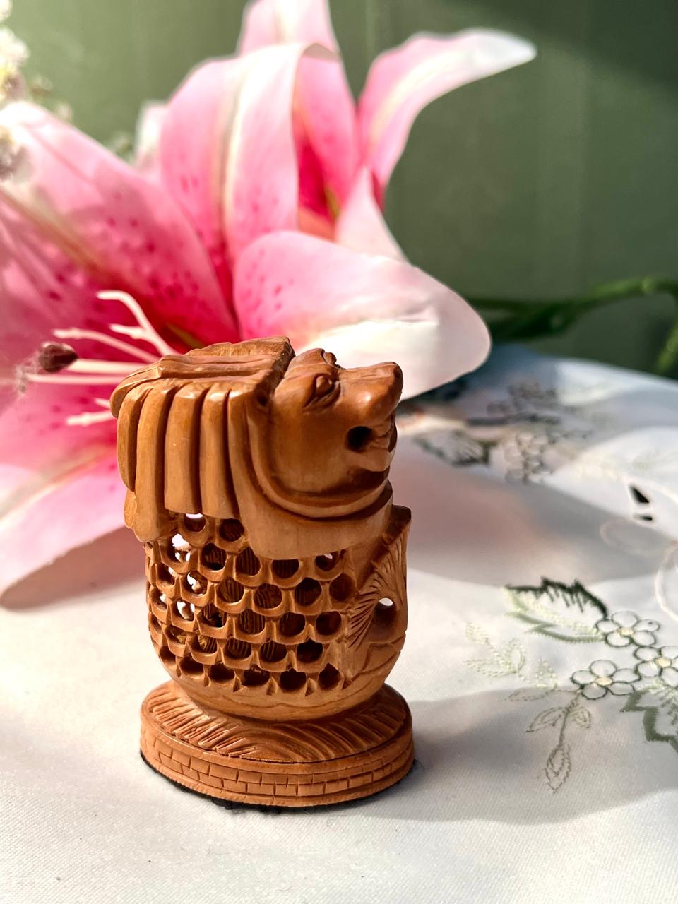 Vintage Hand-Carved Wooden Lion Figurine with Openwork Body Approx. 9 cm