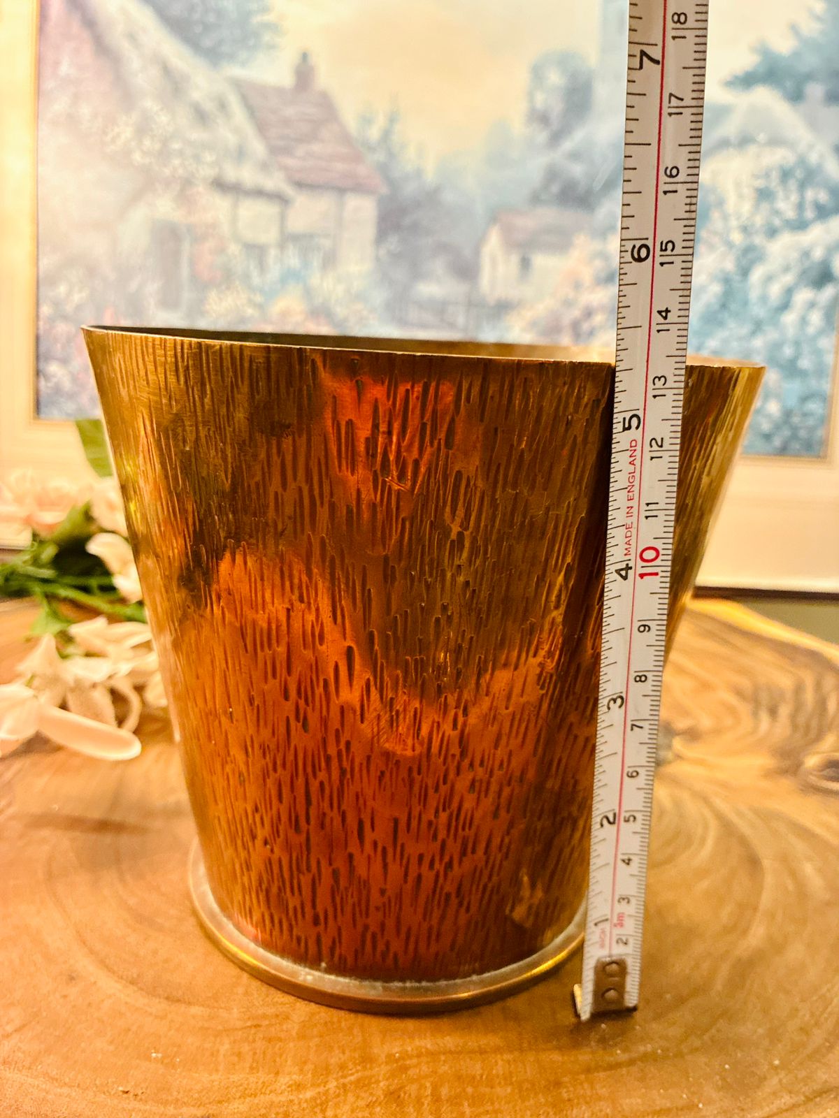 Vintage Brass Cachepot Planter with Woodgrain Finish