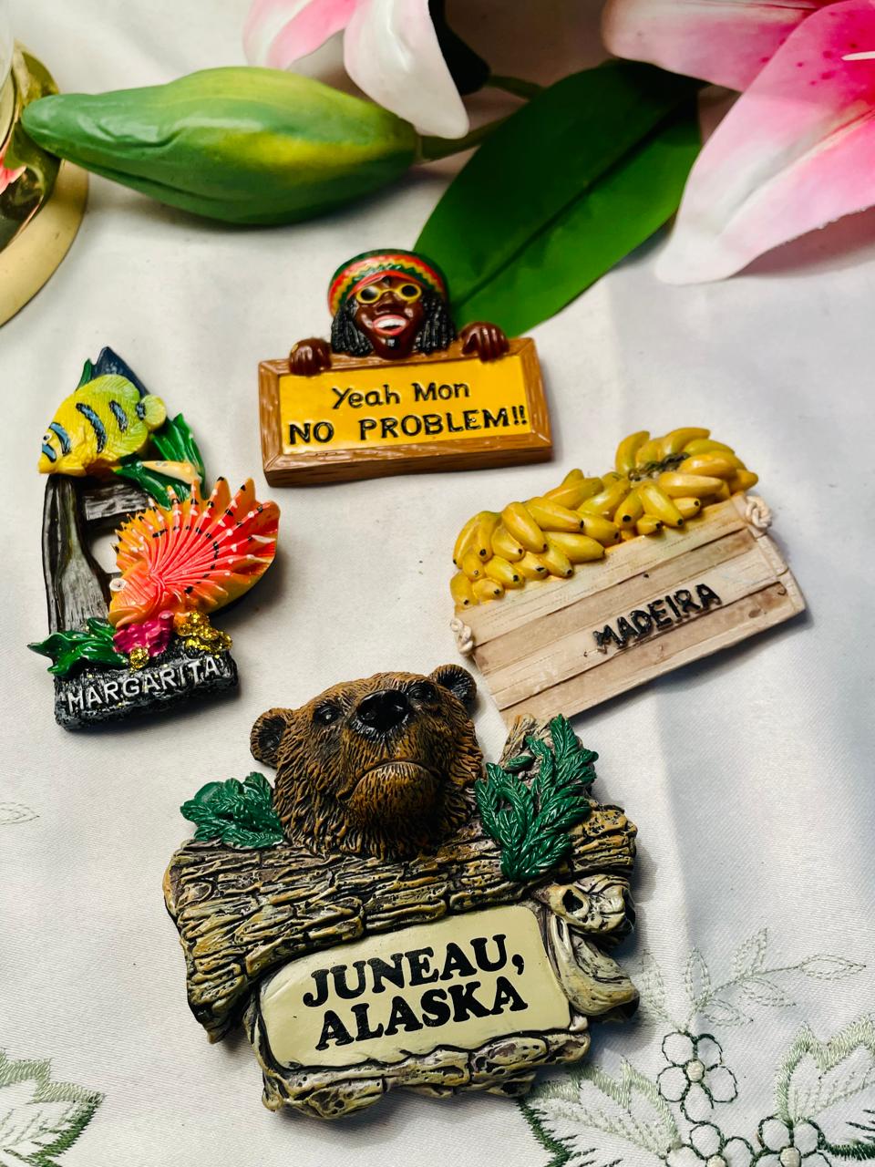 Vintage Travel Souvenir Fridge Magnets Set of 4 – Madeira, Alaska & Tropical Designs