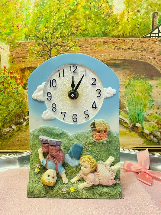 Vintage Hand-Painted Wall Clock – Kids Playing in Garden Scene, Cottagecore Stoneware Decor