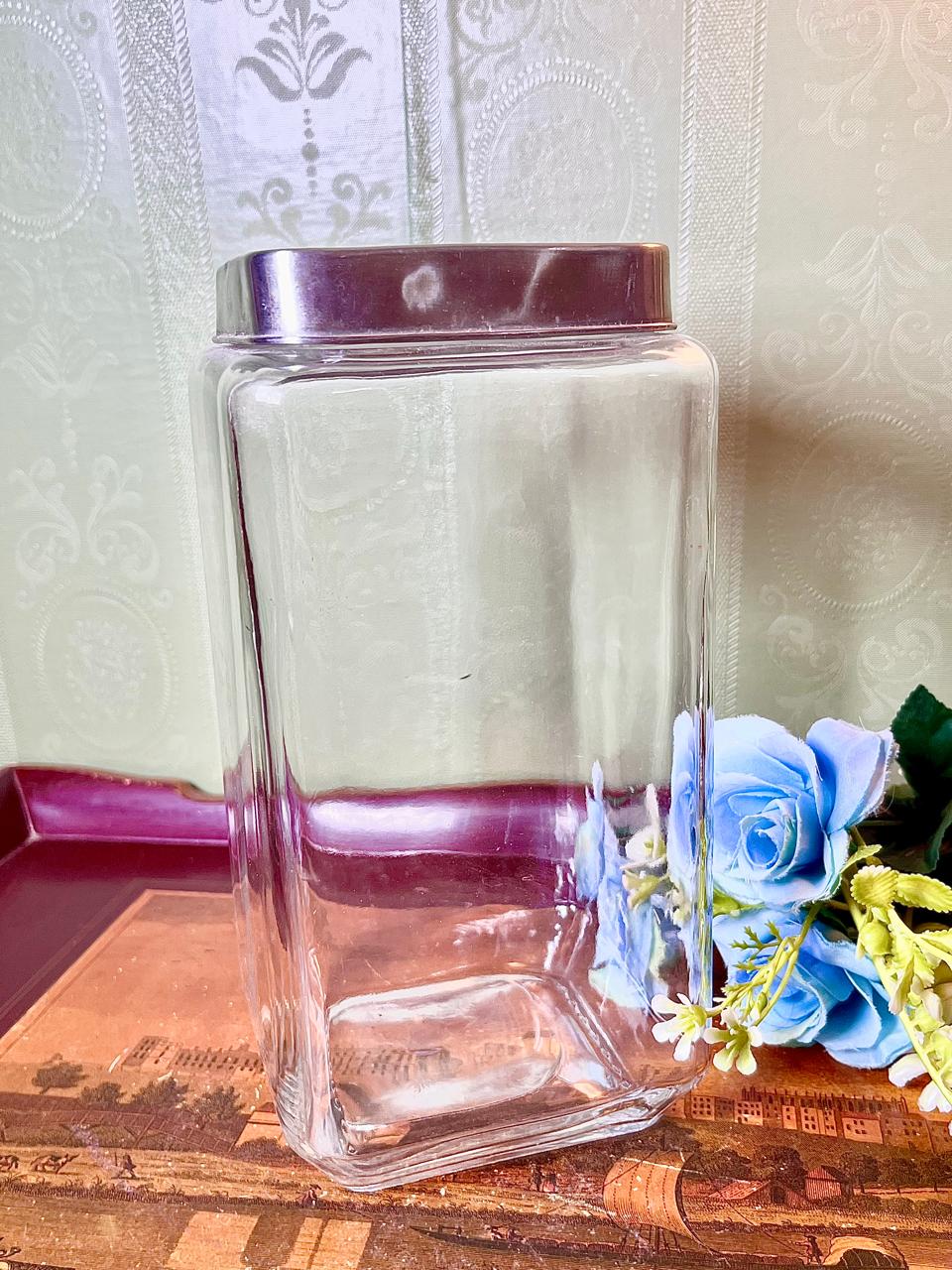 Large Clear Crystal Storage Jar with Metallic Screw Lid – Approx. 22cm Tall Airtight