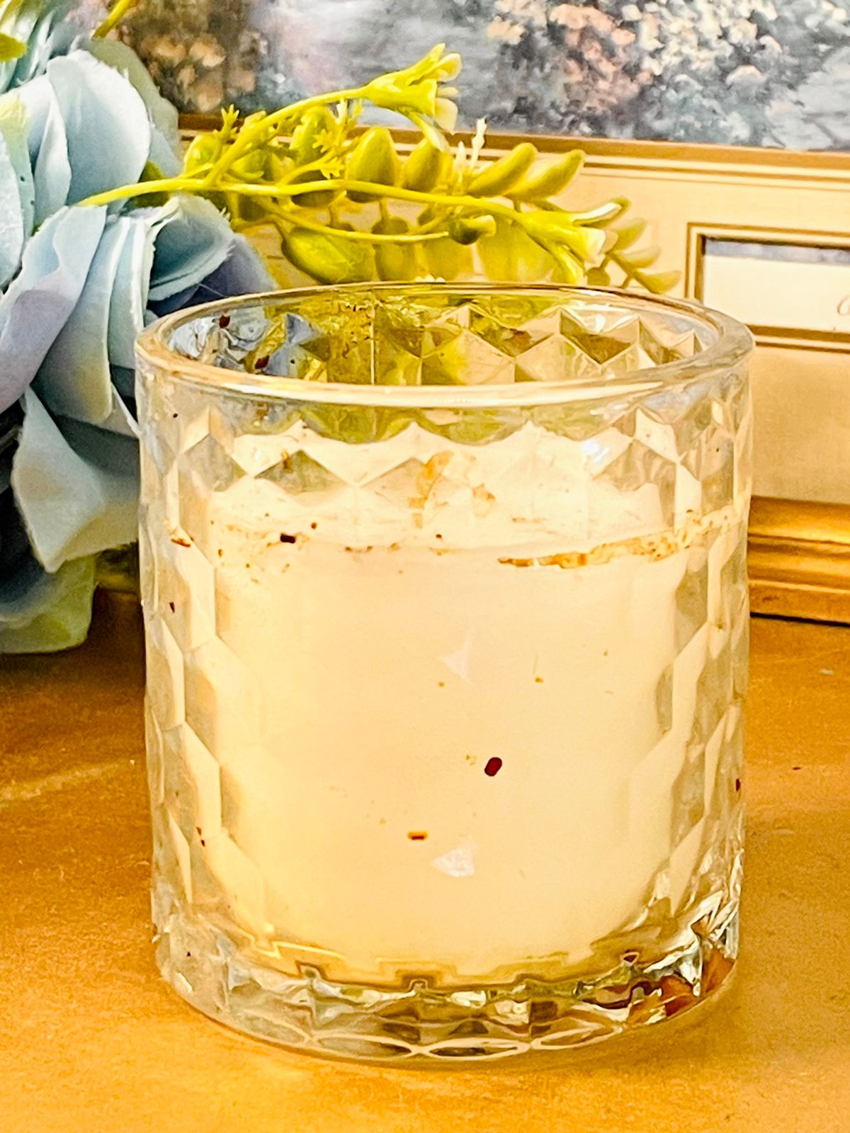 Faceted Glass Candle Holder with White Wax Decor