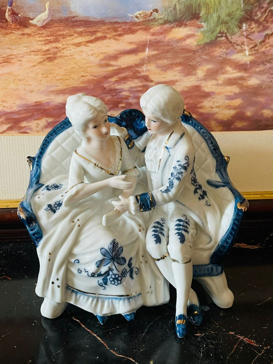 Victorian couple figurine, blue and white porcelain, gold detailing collectible, English porcelain decor, romantic sitting couple statue, European vintage collectible, antique home accents, cobalt blue porcelain art, rare thrift finds, timeless vintage decor, Sunset Kitchen vintage collection