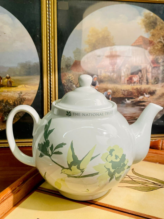 Teapot – Birds & Floral Design, White & Green (Large Size)