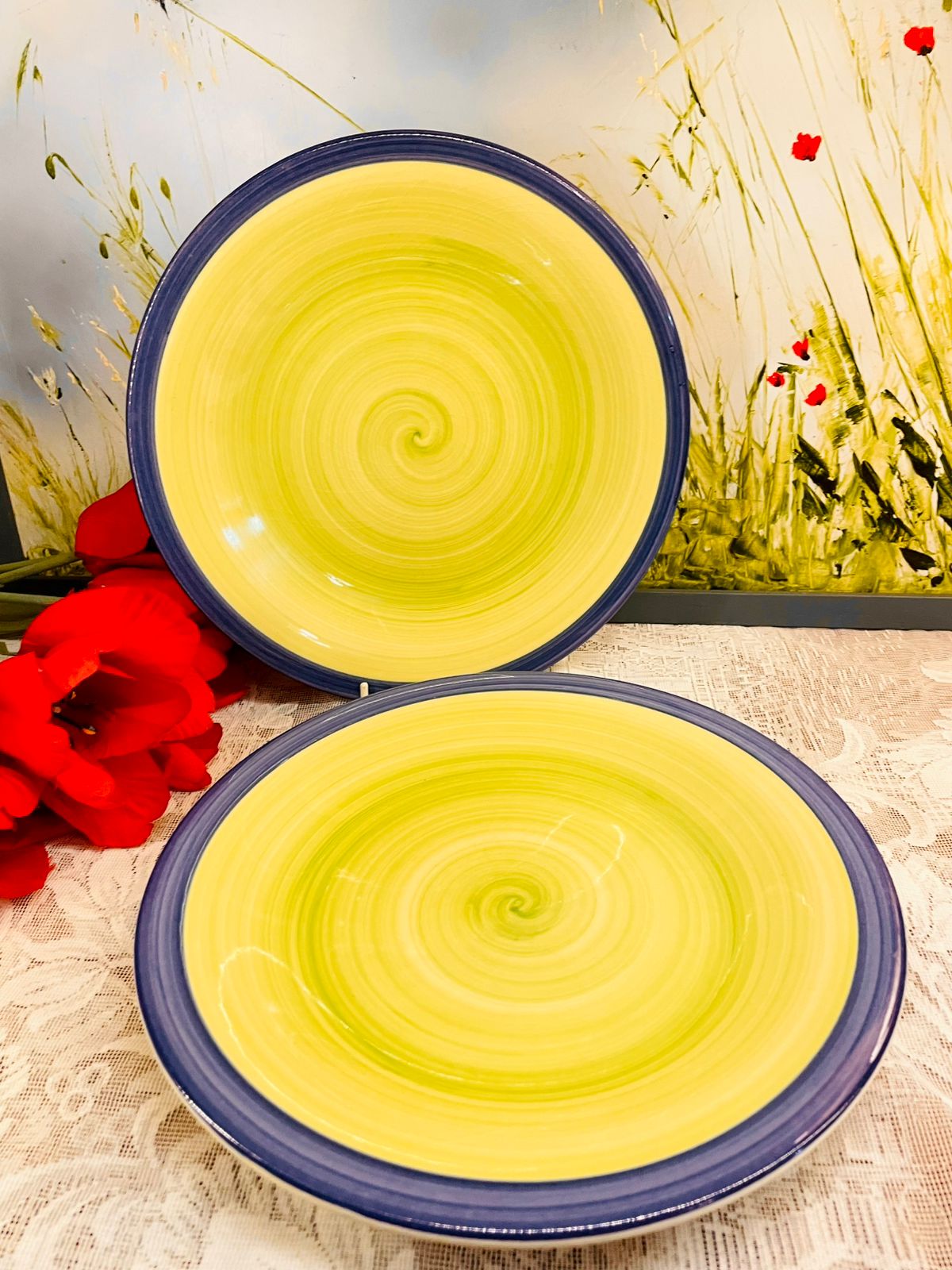 Vintage Green Swirl Ceramic Wall Plater with Blue Rim 10.5 in