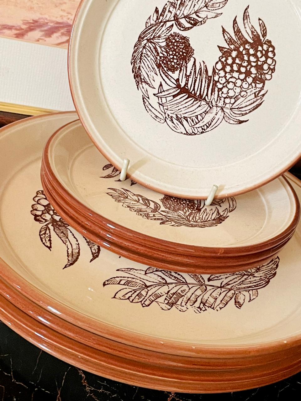 Set of 8 , Vintage Rustic Ceramic Dinner & Side Plates Set – Fruit & Leaf Pattern (England)