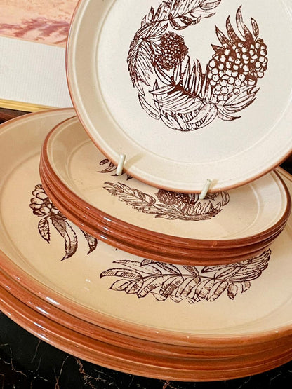 Set of 8 , Vintage Rustic Ceramic Dinner & Side Plates Set – Fruit & Leaf Pattern (England)