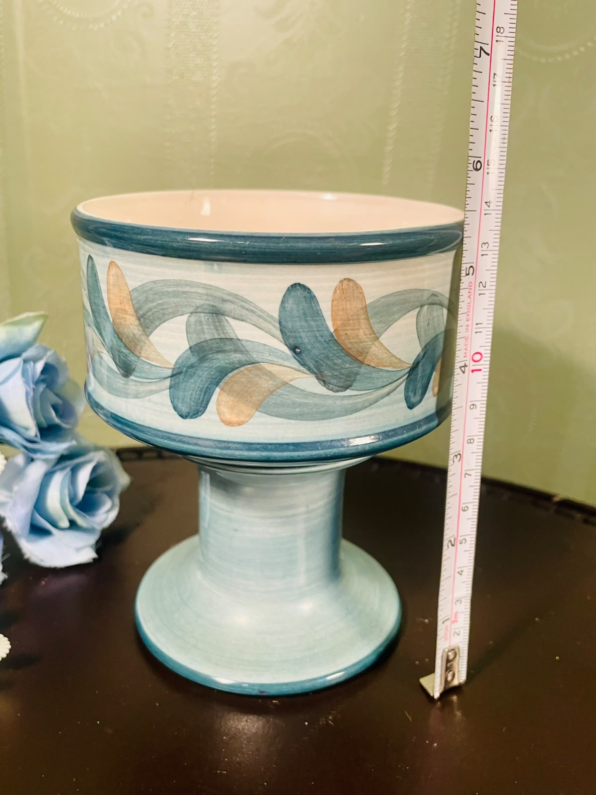 Vintage Blue Pedestal Ceramic Planter with Abstract Leaf Design – 6 Inch