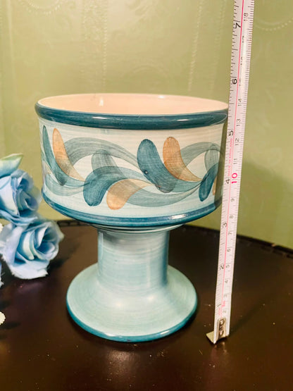 Vintage Blue Pedestal Ceramic Planter with Abstract Leaf Design – 6 Inch