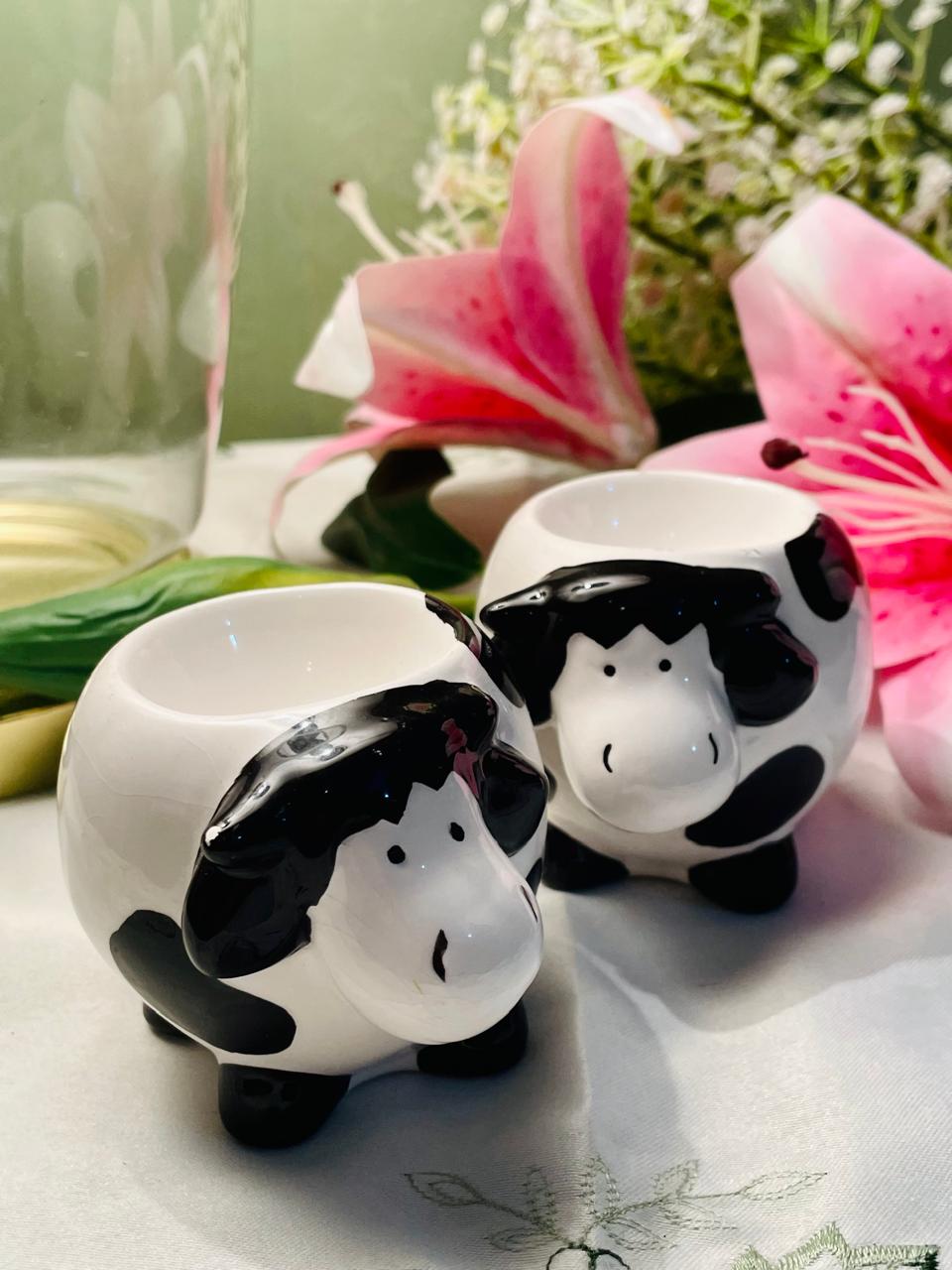 Black & White Cow Ceramic Egg Holder Set of 2 Farmhouse  7 cm