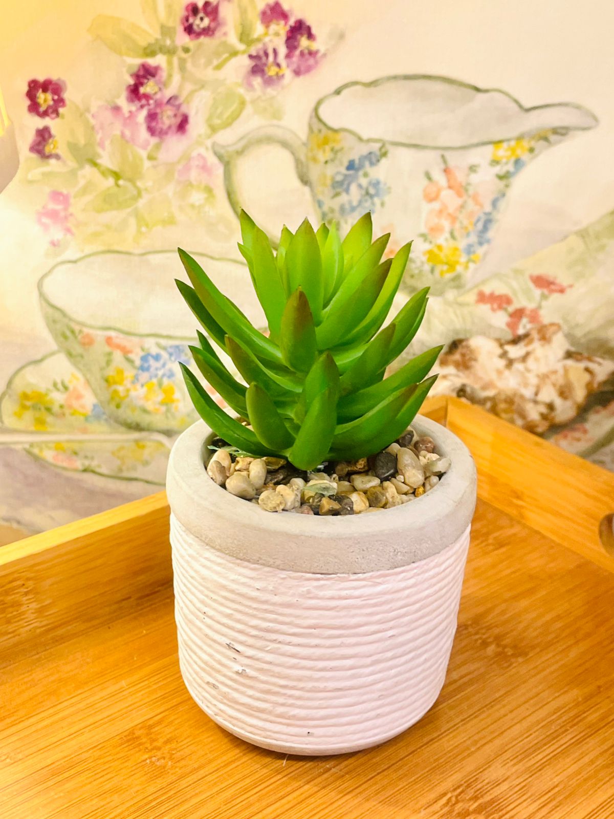 Artificial Succulent in White and Gray Pot – Faux Plant for Modern Decor