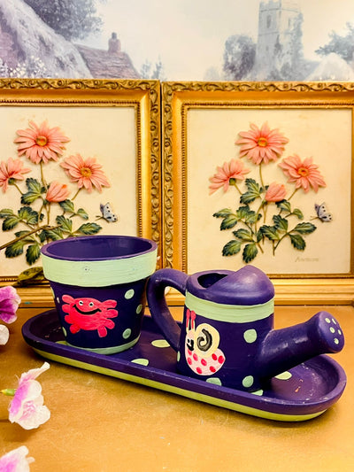 Vintage Hand-Painted Watering Can Planter Set with Tray
