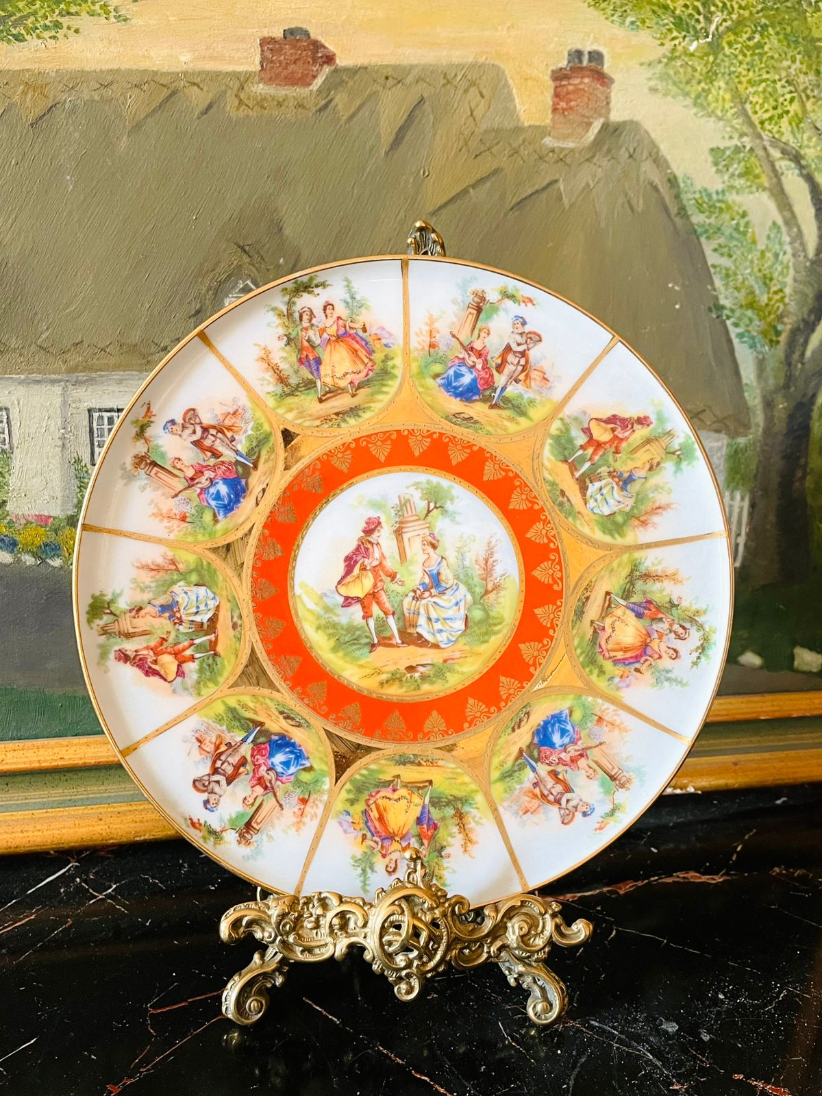 old vienna plate, rococo decorative plate, european vintage decor, gilded wall plate, vienna porcelain collectible, 18th century lovers plate, old vienna foreign mark, european thrift find, antique wall decor, sunset kitchen vintage