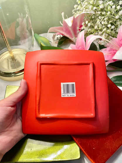 Square Metallic Orange & Green Decorative Plates Set of 3