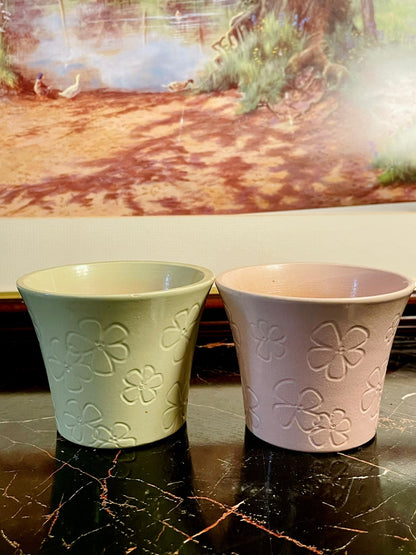 Set of 2 Vintage England Pastel Ceramic Planters – Green & Pink Flower Embossed Pots