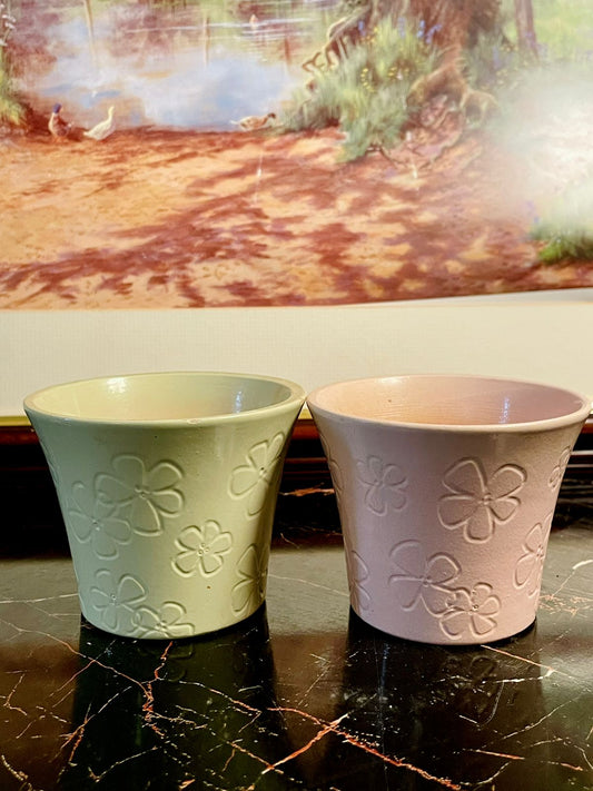 Set of 2 Vintage England Pastel Ceramic Planters – Green & Pink Flower Embossed Pots