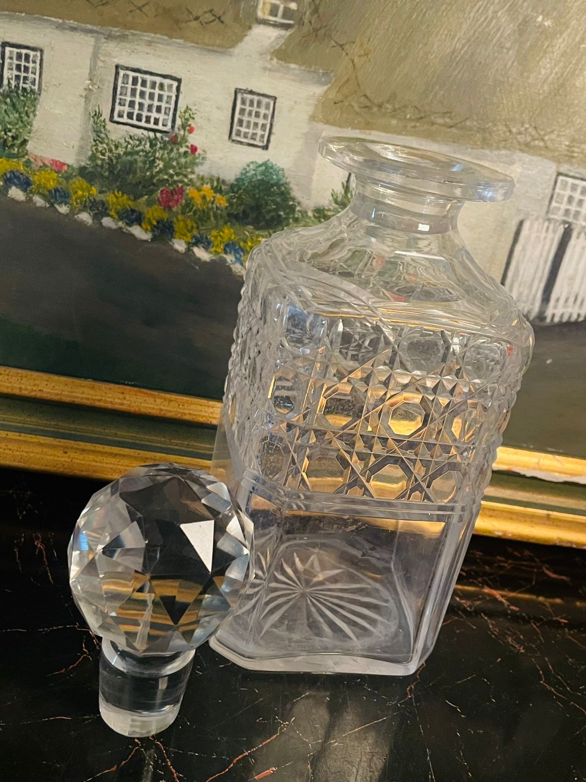 Vintage Cut Crystal Decanter with Faceted Stopper ( 21.5cm )– Diamond Pattern & Star Base. ENGLAND